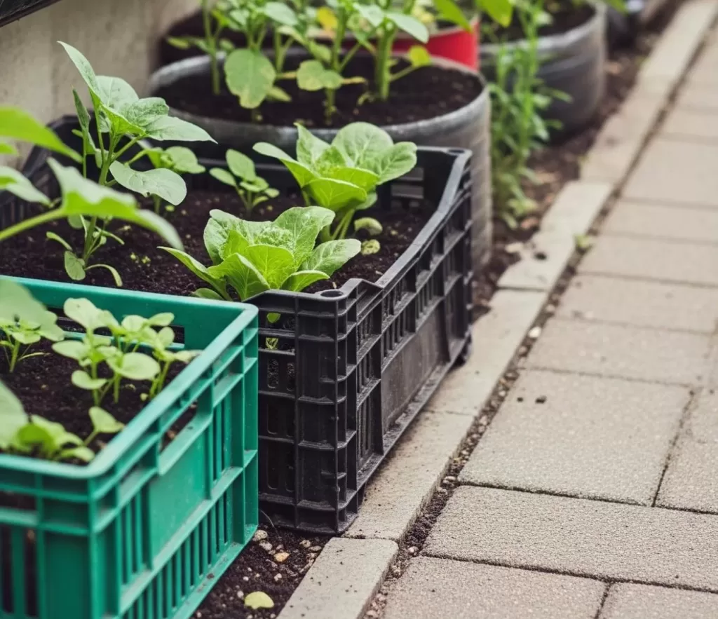 Horta caseira com hortaliças cultivadas em caixotes de feira, vasos reutilizados e garrafas PET presas na parede.
