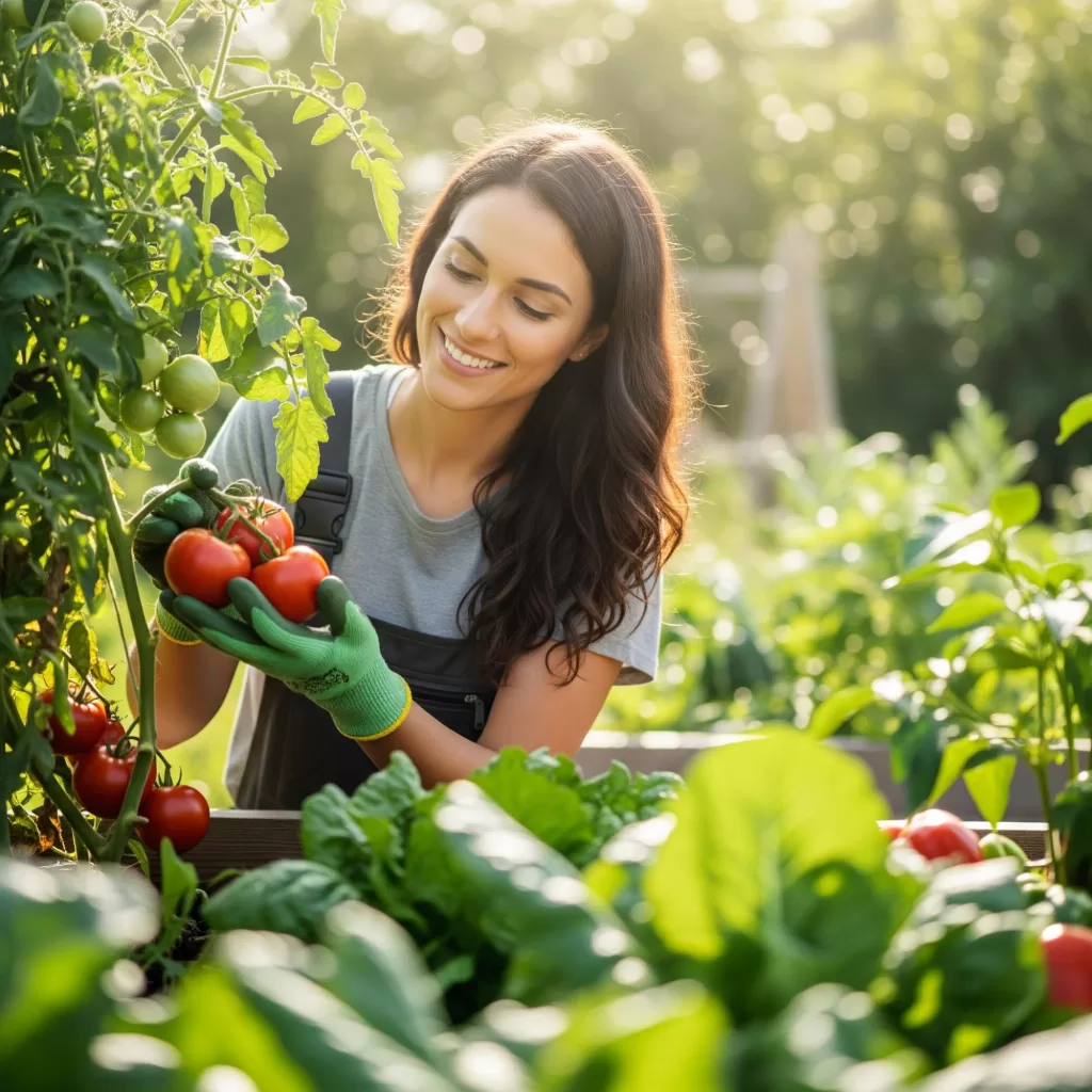 Mulher sorridente colhendo tomates maduros em uma horta orgânica ao ar livre.