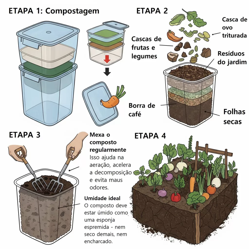 Passo a passo da compostagem doméstica com resíduos orgânicos e aplicação em horta caseira.