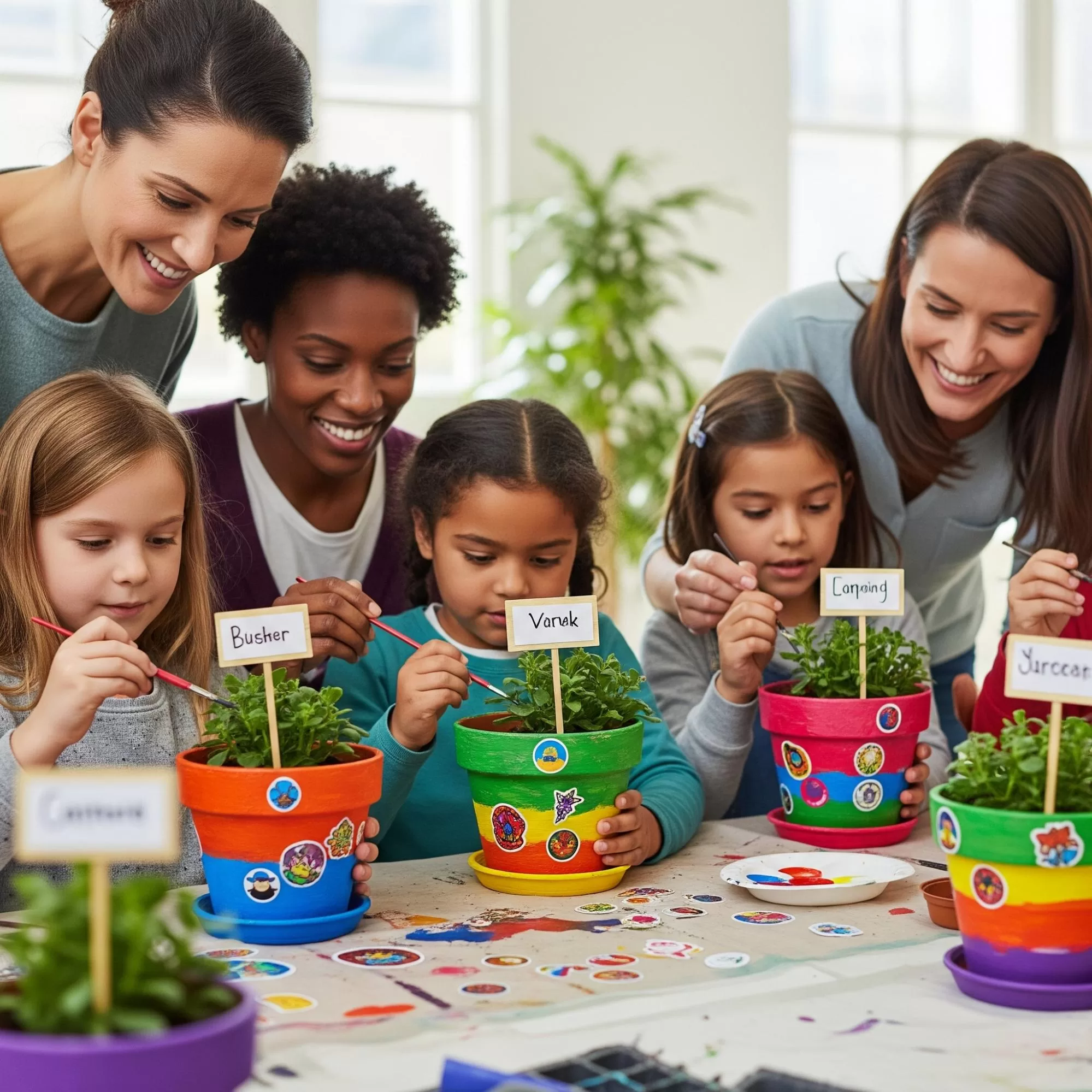 Crianças e adultos felizes pintam vasos de plantas coloridos, aprendendo jardinagem de forma divertida e criativa.
