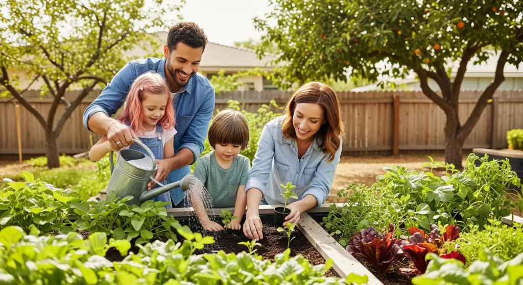 Família feliz rega e planta vegetais em horta doméstica, desfrutando da natureza e cultivando alimentos frescos.