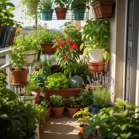 Horta na sacada com vasos de ervas, alfaces e pimentas, aproveitando o sol da manhã.