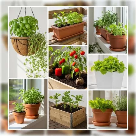 Montagem com vasos e jardineiras com ervas, alfaces e tomates em ambientes internos e externos.