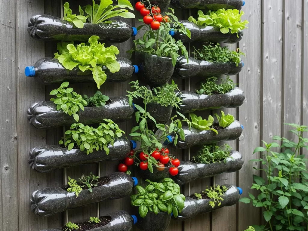 Horta vertical feita com garrafas PET reutilizadas, cultivando alfaces, tomates e ervas frescas.
