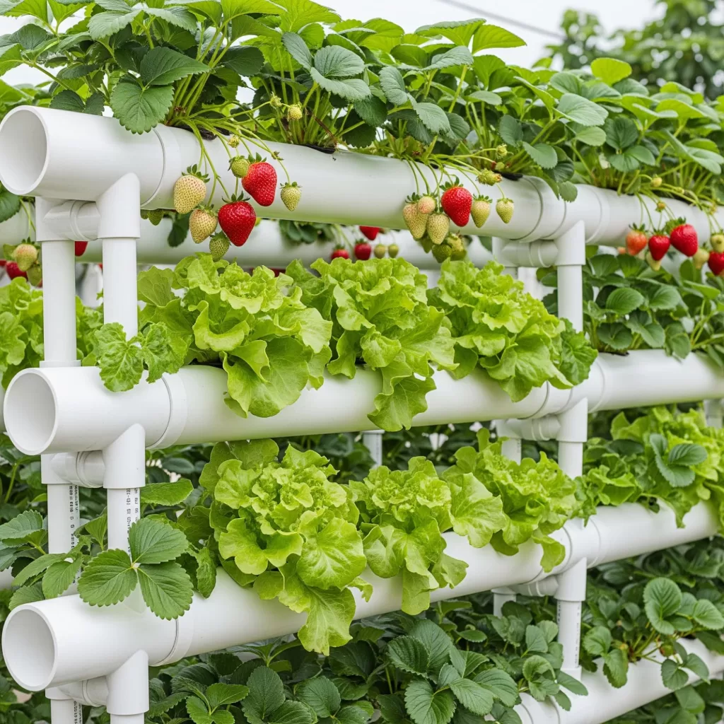 Cultivo vertical hidropônico de morangos e alfaces em tubos de PVC branco, solução eficiente para hortas urbanas.