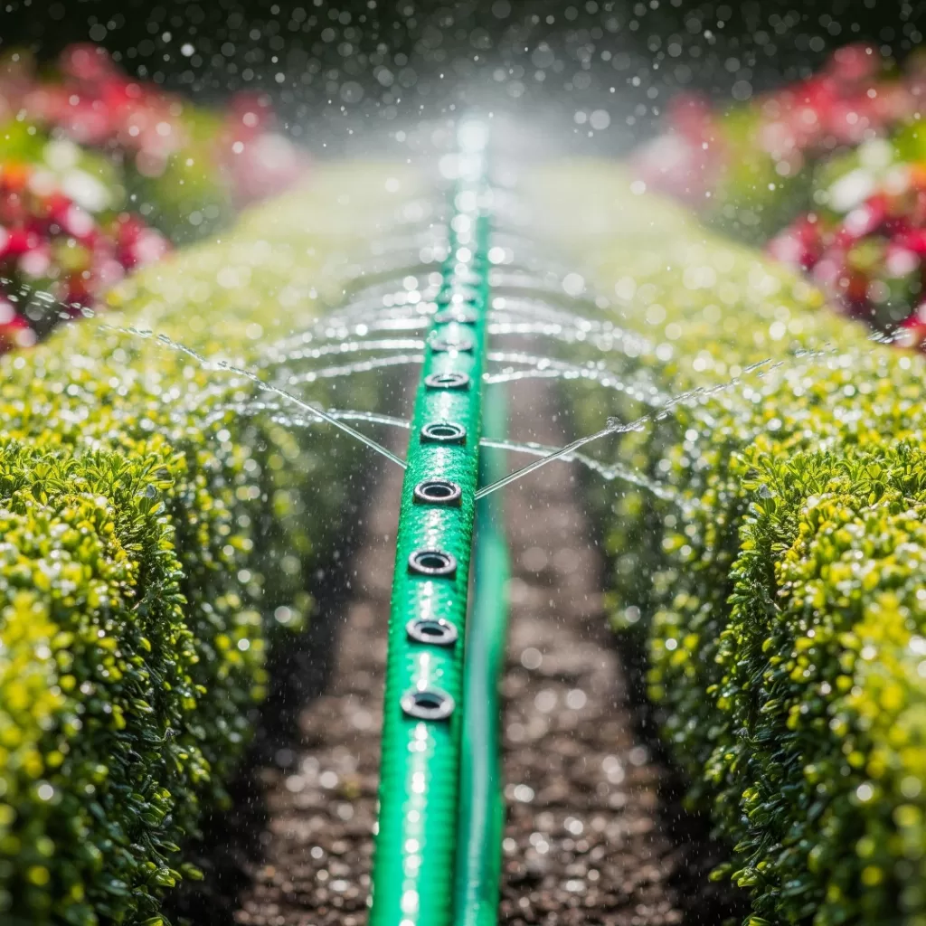 Mangueira perfurada irrigando fileiras de plantas com sistema automatizado em jardim.