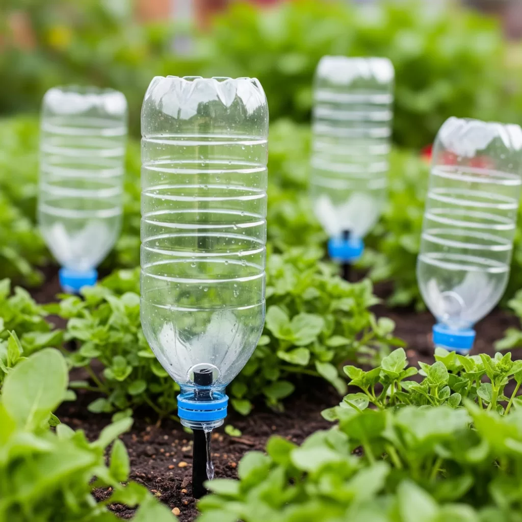 Sistema de irrigação por gotejamento com garrafas PET reutilizadas em horta orgânica.