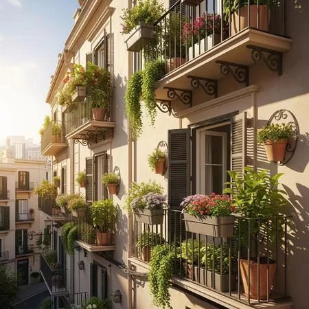 Sacada florida com vasos, jardineiras e ervas aromáticas em varanda de apartamento.