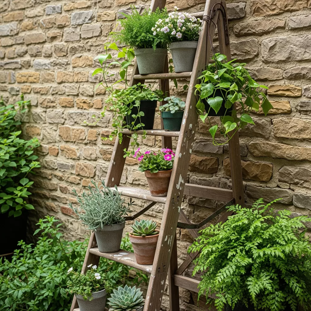 Horta vertical charmosa com vasos de plantas diversas dispostos em uma escada de madeira rústica encostada em parede de pedra.