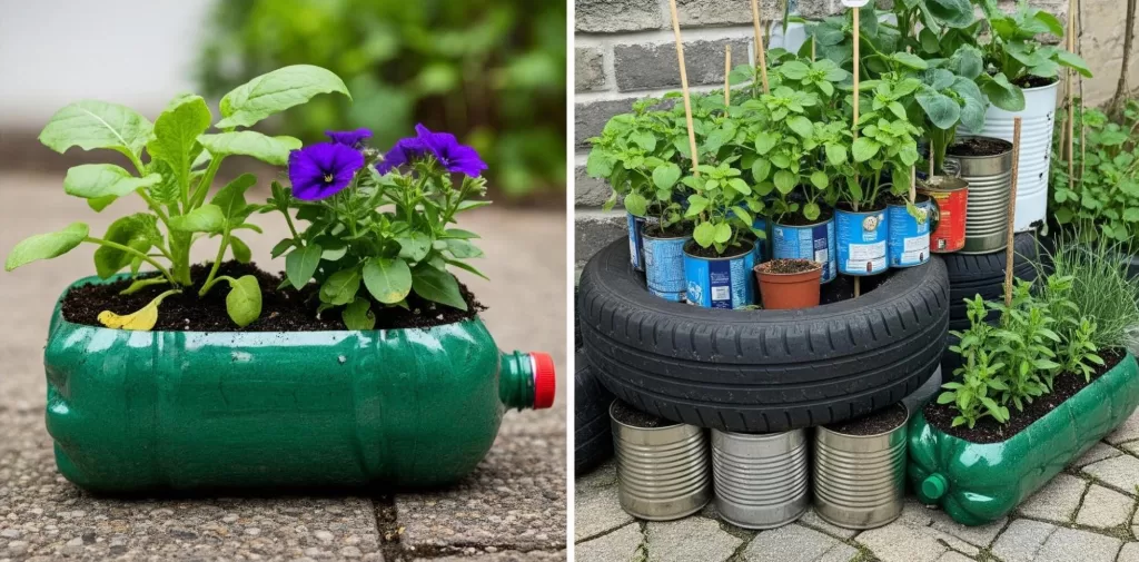 Plantas cultivadas em garrafas PET, pneus e latas.