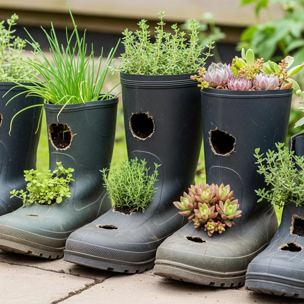 Botas de borracha usadas transformadas em vasos de plantas diversas em um jardim.