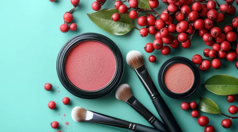 Blush natural com pincéis de maquiagem sustentáveis e frutas vermelhas em fundo verde, destacando beleza orgânica e consciente.