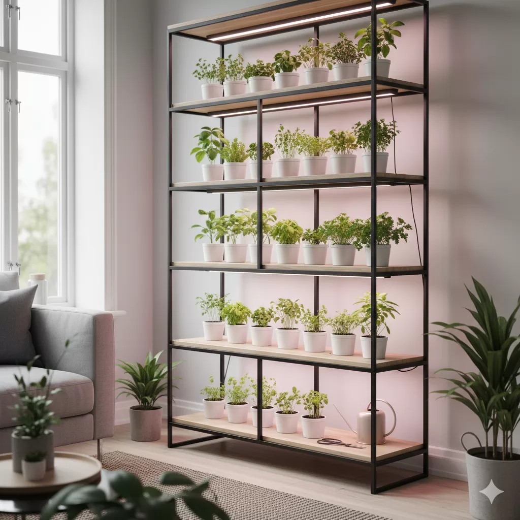 Horta indoor com prateleiras iluminadas e vasos brancos de ervas em sala moderna e iluminada.