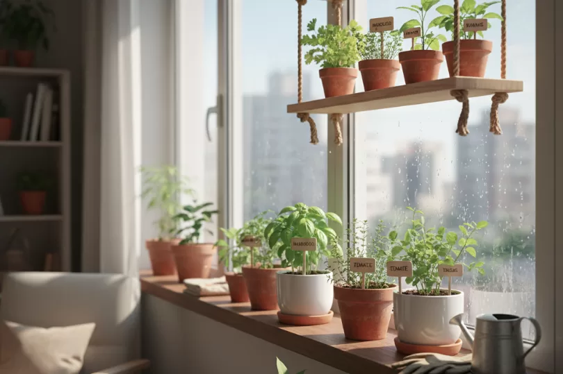 Horta na janela com vasos de barro e etiquetas de ervas, recebendo luz natural suave da manhã.