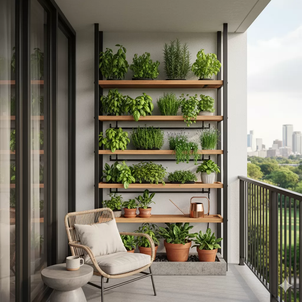 Horta vertical em sacada com prateleiras de madeira e vasos de ervas, ideal para espaços pequenos.