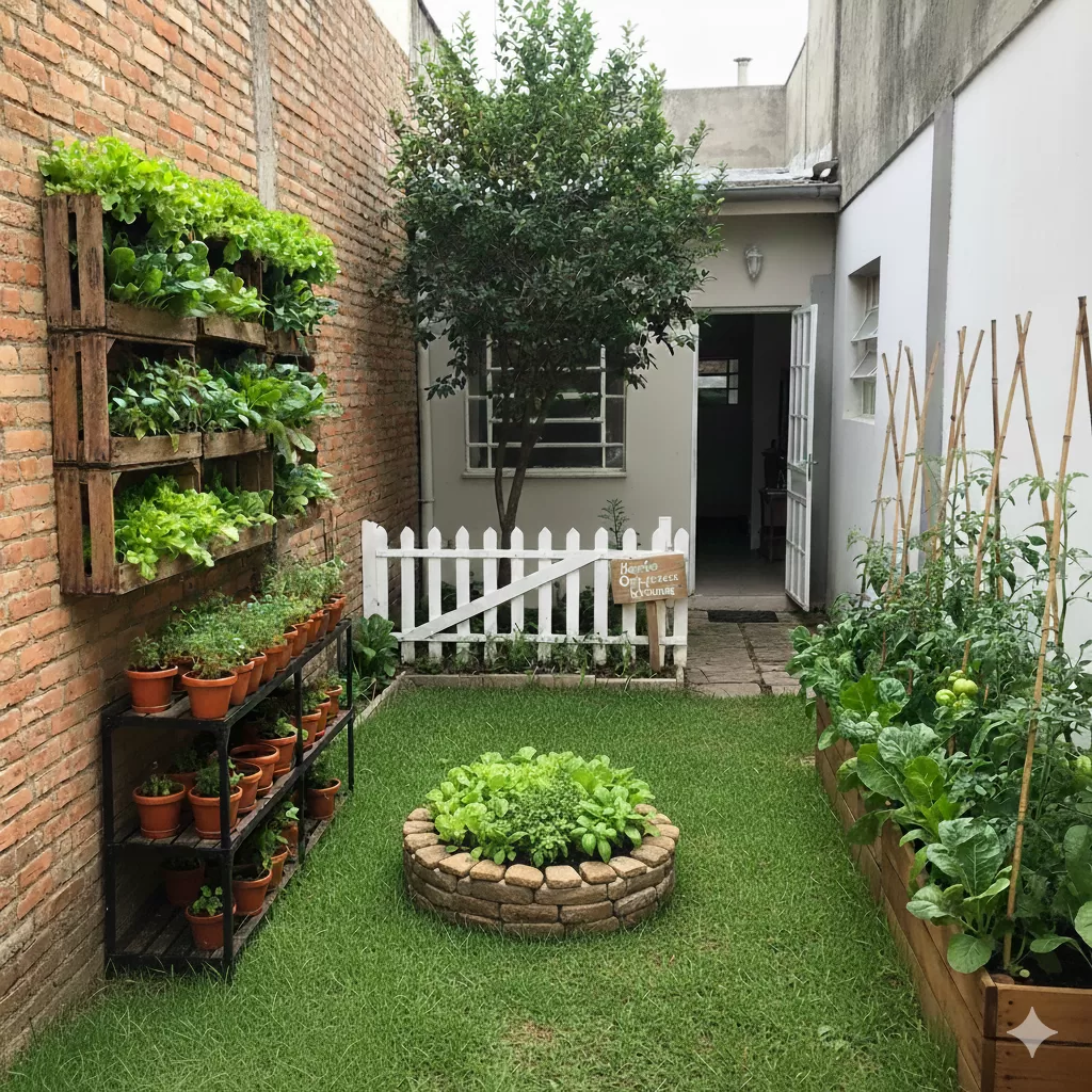 Horta caseira em quintal pequeno com horta vertical em pallets, canteiros elevados e cultivo orgânico em espaço reduzido.