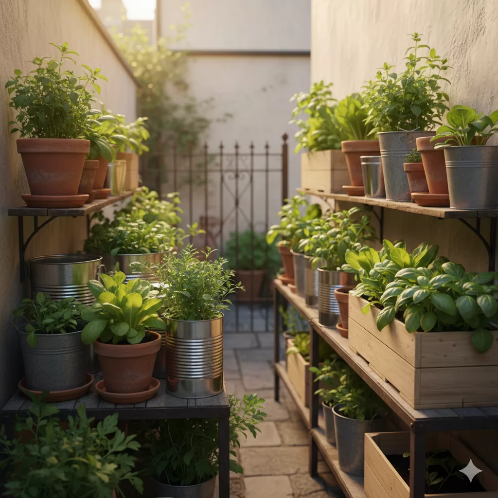 Horta em corredor estreito com vasos e prateleiras cheias de ervas e hortaliças cultivadas ao ar livre.