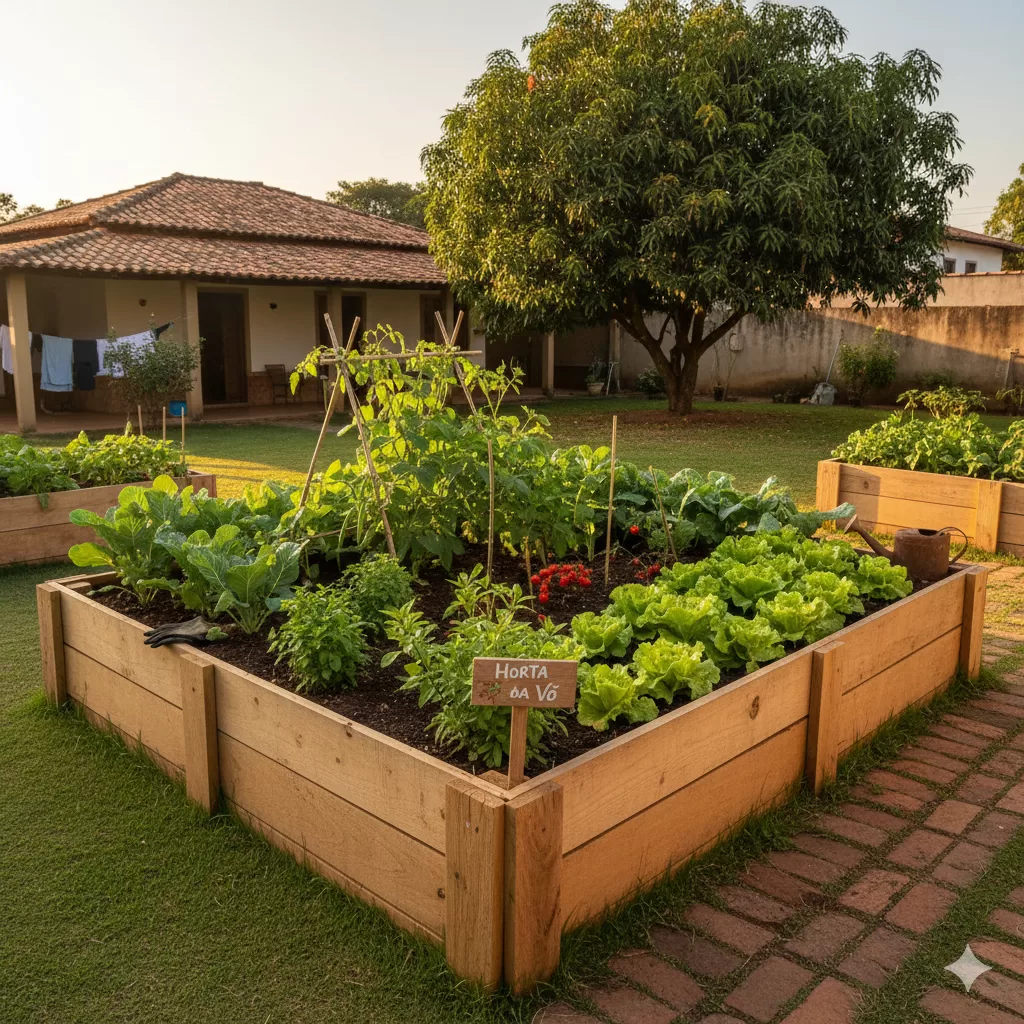 Horta orgânica elevada em quintal de casa térrea, com verduras frescas e canteiros de madeira ao pôr do sol.