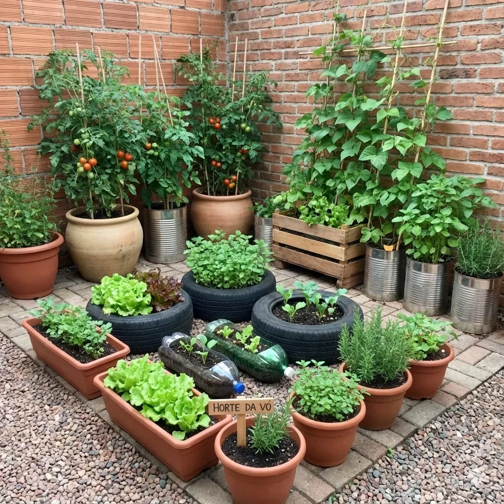 Horta orgânica em quintal pequeno com vasos, pneus reutilizados e hortaliças cultivadas de forma criativa.