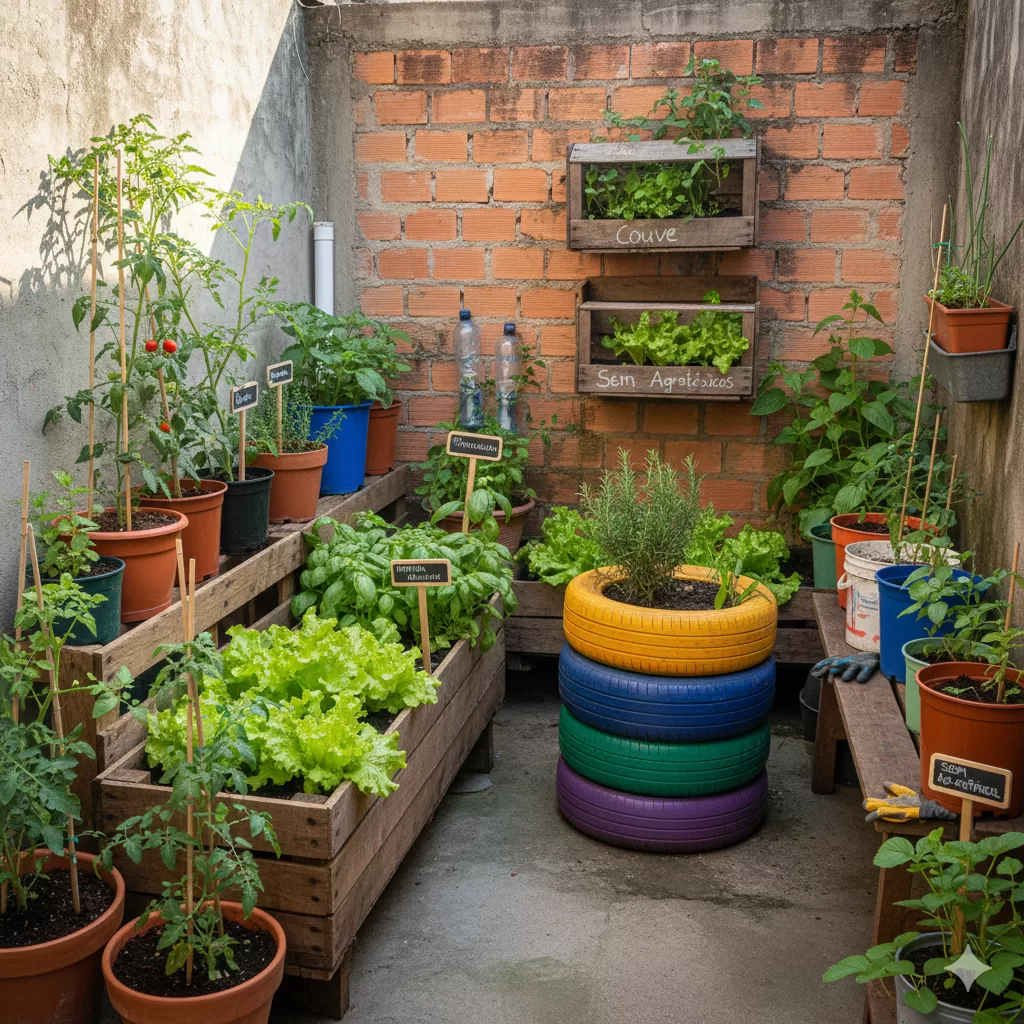Horta orgânica em quintal pequeno com canteiros de madeira, vasos, pneus reutilizados e cultivo de hortaliças.