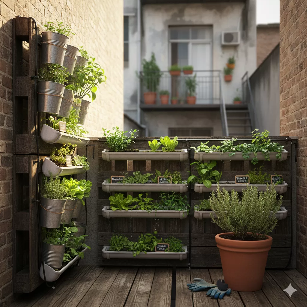 Horta vertical orgânica feita com paletes, latas, baldes e canos de PVC reutilizados para cultivar hortaliças em pouco espaço.