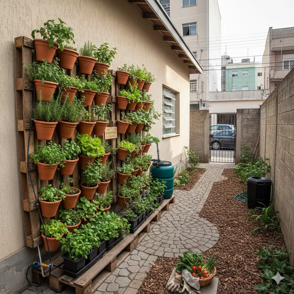 Horta vertical em corredor de casa urbana, com vasos na parede e cultivo de ervas e hortaliças frescas.