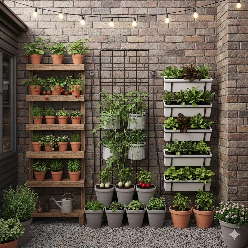 Horta vertical em quintal pequeno com prateleiras, vasos e hortaliças cultivadas em parede de tijolos.