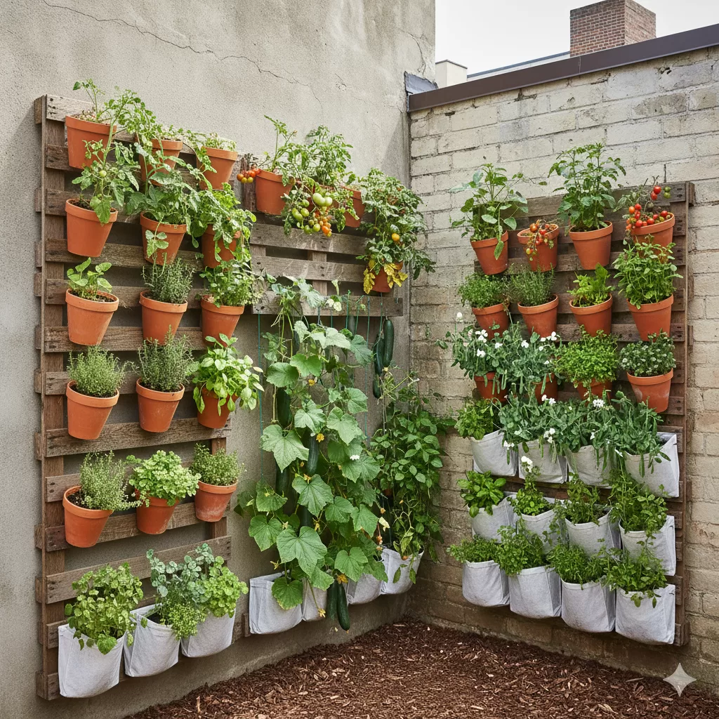 Horta vertical em quintal urbano com paletes, vasos suspensos e hortaliças cultivadas em paredes.